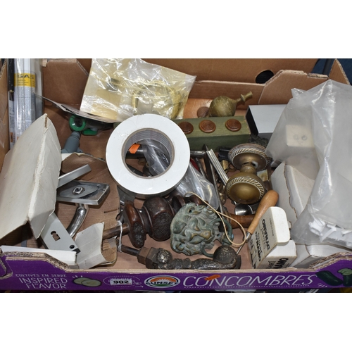 902 - A BOX OF DOOR FURNISHINGS ETC to include two vintage knockers to include a heavy metal hand clasping... 