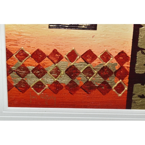 1007 - JON RAFFERTY (CONTEMPORARY) TWO ABSTRACT DESIGN PICTURES, signed bottom left, mixed media on board?,... 