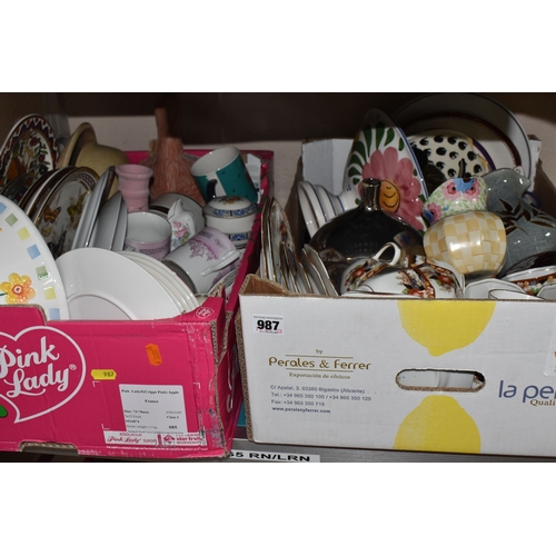 987 - SIX BOXES OF CERAMIC KITCHENWARE, to include Purbeck Pottery style part dinner ware set, Poole hand-... 