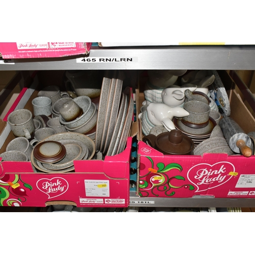 987 - SIX BOXES OF CERAMIC KITCHENWARE, to include Purbeck Pottery style part dinner ware set, Poole hand-... 