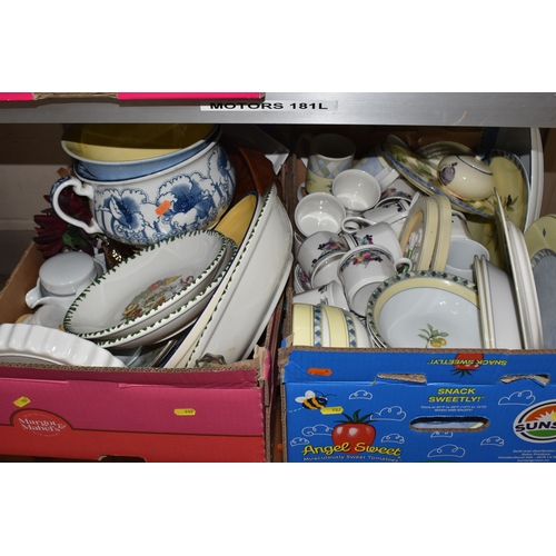 987 - SIX BOXES OF CERAMIC KITCHENWARE, to include Purbeck Pottery style part dinner ware set, Poole hand-... 