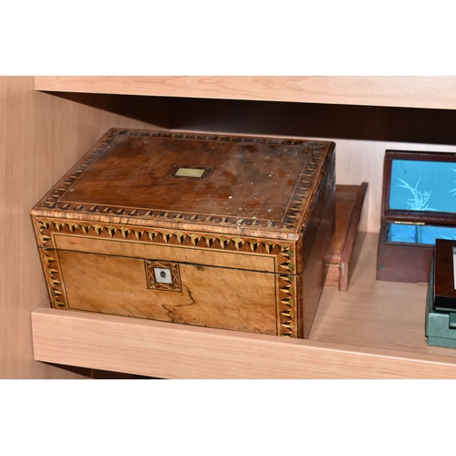 990 - A GROUP OF VARIOUS CLOCKS AND WOODEN BOXES, to include a Victorian hardwood (possibly coromandel) tr... 