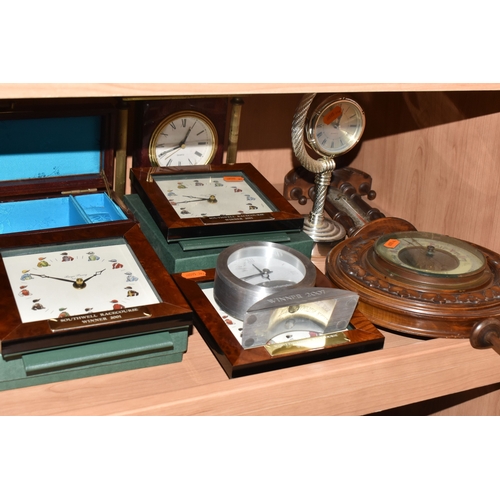 990 - A GROUP OF VARIOUS CLOCKS AND WOODEN BOXES, to include a Victorian hardwood (possibly coromandel) tr... 