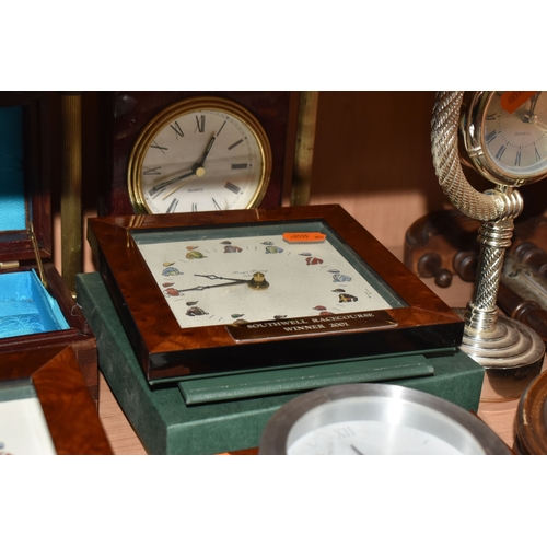 990 - A GROUP OF VARIOUS CLOCKS AND WOODEN BOXES, to include a Victorian hardwood (possibly coromandel) tr... 