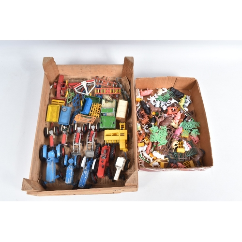 28 - A QUANTITY OF UNBOXED ASSORTED PLAYWORN FARMING & AGRICULTURAL DIECAST AND PLASTIC MODELS, to includ... 