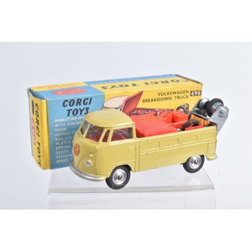 59 - TWO BOXED CORGI TOYS VOLKSWAGEN BREAKDOWN TRUCK, No.490, both are the light olive green versions wit... 