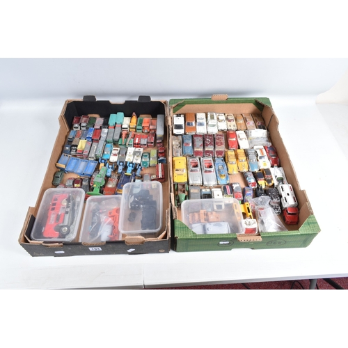194 - A QUANTITY OF UNBOXED ASSORTED PLAYWORN DIECAST VEHICLES, to include Marx Lumar Transport articulate... 