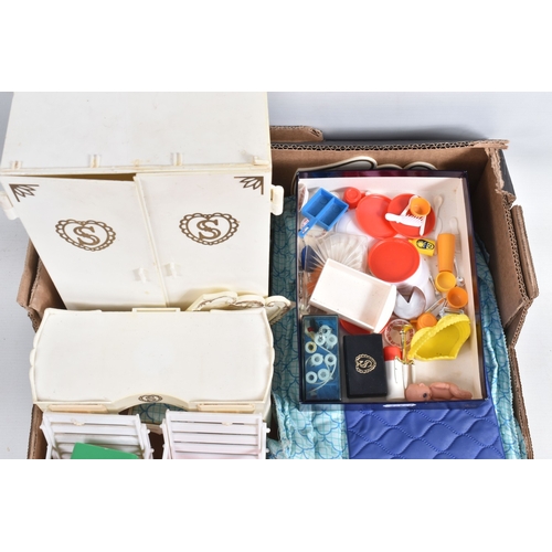 240 - A QUANTITY OF ASSORTED SINDY FURNITURE, CLOTHING AND ACCESSORIES, large quantity of unlabelled conte... 