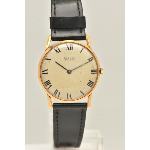 503 - A GENTS YELLOW METAL WRISTWATCH, manual wind, round silvered dial signed 'Sarcar Geneve', Roman nume... 