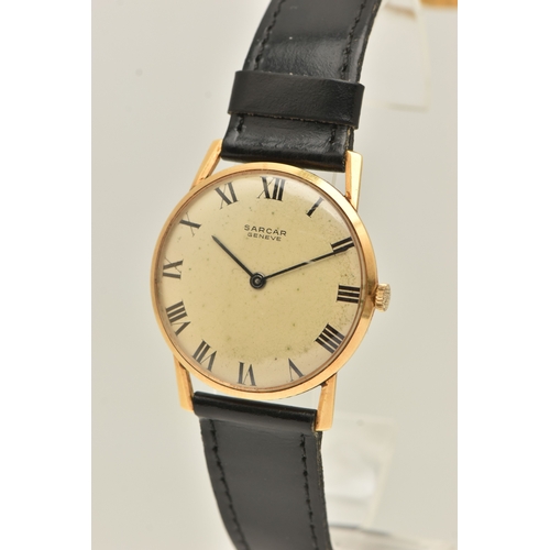 503 - A GENTS YELLOW METAL WRISTWATCH, manual wind, round silvered dial signed 'Sarcar Geneve', Roman nume... 