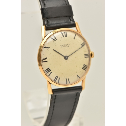 503 - A GENTS YELLOW METAL WRISTWATCH, manual wind, round silvered dial signed 'Sarcar Geneve', Roman nume... 