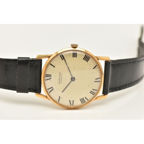 503 - A GENTS YELLOW METAL WRISTWATCH, manual wind, round silvered dial signed 'Sarcar Geneve', Roman nume... 