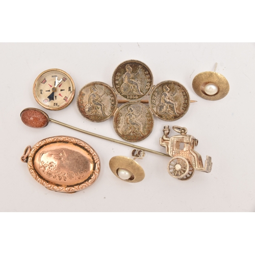 527 - A SMALL ASSORTMENT OF JEWELLERY, to include a 9ct back and front oval locket pendant, decorated with... 