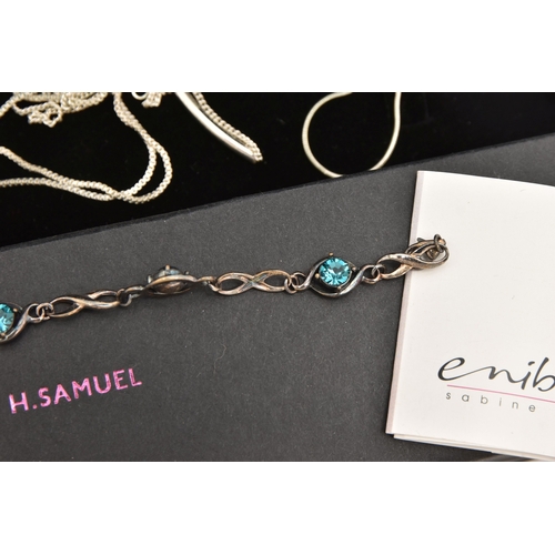 590 - AN ASSORTMENT OF WHITE METAL JEWELLERY, to include a 'Pandora' bracelet, three white metal bracelets... 