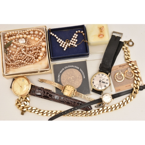 593 - A BOX OF ASSORTED ITEMS, to include a pair of yellow metal 'Monet' signed hoop earrings, a pair of c... 