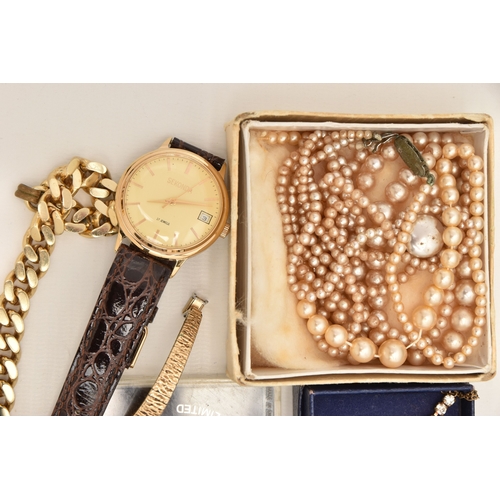 593 - A BOX OF ASSORTED ITEMS, to include a pair of yellow metal 'Monet' signed hoop earrings, a pair of c... 