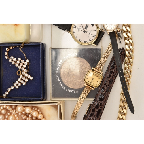 593 - A BOX OF ASSORTED ITEMS, to include a pair of yellow metal 'Monet' signed hoop earrings, a pair of c... 