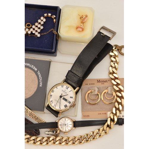 593 - A BOX OF ASSORTED ITEMS, to include a pair of yellow metal 'Monet' signed hoop earrings, a pair of c... 