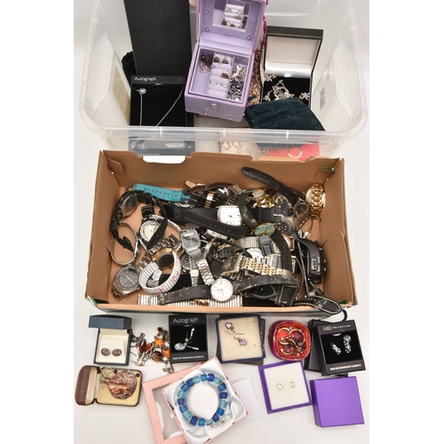 604 - A PLASTIC BOX OF ASSORTED ITEMS AND A SHOE BOX OF FASHION WRISTWATCHES, to include a small quantity ... 