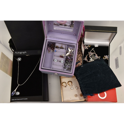 604 - A PLASTIC BOX OF ASSORTED ITEMS AND A SHOE BOX OF FASHION WRISTWATCHES, to include a small quantity ... 