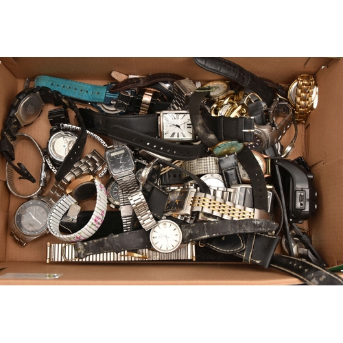 604 - A PLASTIC BOX OF ASSORTED ITEMS AND A SHOE BOX OF FASHION WRISTWATCHES, to include a small quantity ... 