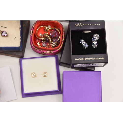 604 - A PLASTIC BOX OF ASSORTED ITEMS AND A SHOE BOX OF FASHION WRISTWATCHES, to include a small quantity ... 