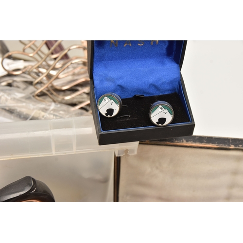 607 - A PLASTIC BOX OF ASSORTED WHITE METAL WARE, to include two EPNS sauce boats, a teapot, silver plated... 
