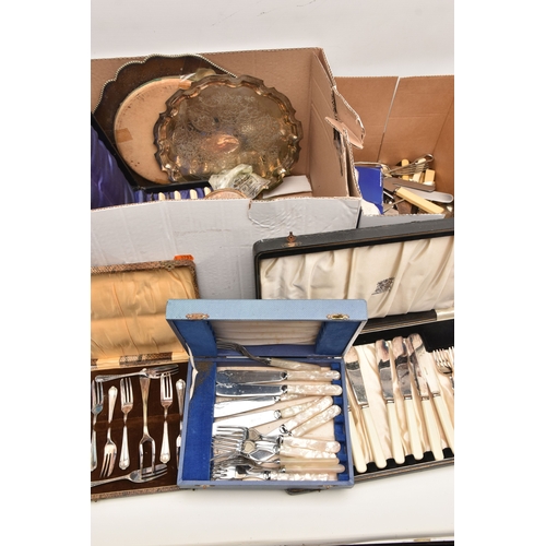 609 - A BOX OF ASSORTED WHITE METAL WARE, to include two EPNS trays, three cased fish eater set, an incomp... 