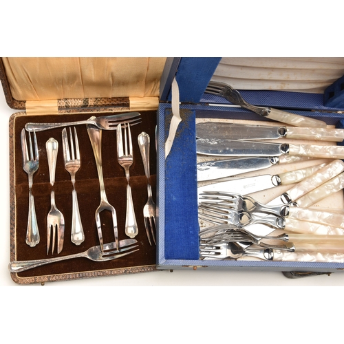 609 - A BOX OF ASSORTED WHITE METAL WARE, to include two EPNS trays, three cased fish eater set, an incomp... 