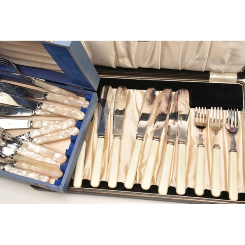 609 - A BOX OF ASSORTED WHITE METAL WARE, to include two EPNS trays, three cased fish eater set, an incomp... 