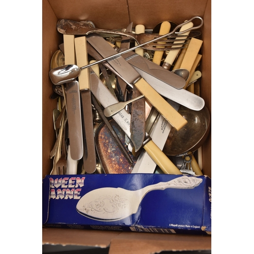 609 - A BOX OF ASSORTED WHITE METAL WARE, to include two EPNS trays, three cased fish eater set, an incomp... 