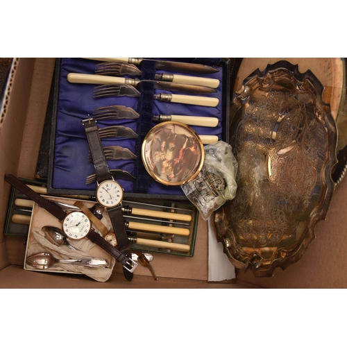 609 - A BOX OF ASSORTED WHITE METAL WARE, to include two EPNS trays, three cased fish eater set, an incomp... 