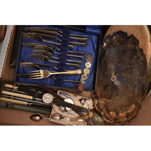 609 - A BOX OF ASSORTED WHITE METAL WARE, to include two EPNS trays, three cased fish eater set, an incomp... 