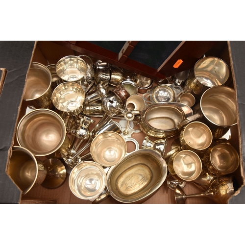613 - AN ASSORTMENT OF WHITE METAL WARE, to include EPNS goblets, EPNS trophy cup, napkin rings, tankards,... 