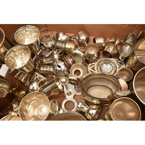 613 - AN ASSORTMENT OF WHITE METAL WARE, to include EPNS goblets, EPNS trophy cup, napkin rings, tankards,... 