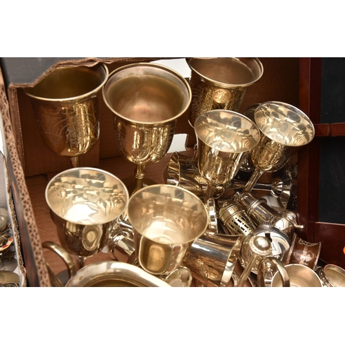613 - AN ASSORTMENT OF WHITE METAL WARE, to include EPNS goblets, EPNS trophy cup, napkin rings, tankards,... 