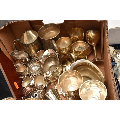 613 - AN ASSORTMENT OF WHITE METAL WARE, to include EPNS goblets, EPNS trophy cup, napkin rings, tankards,... 