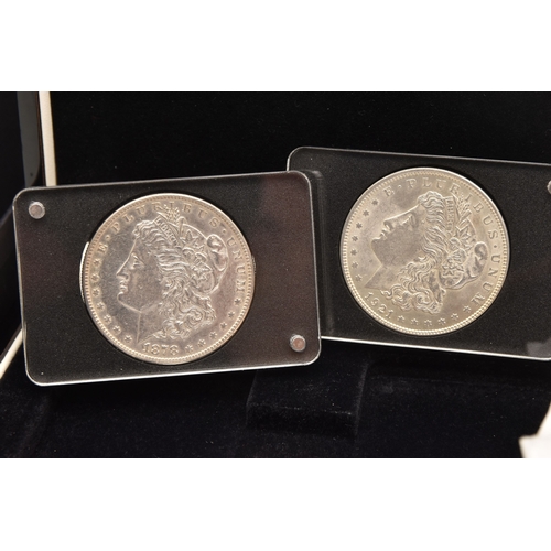 614 - A BOXED FIRST AND LAST AMERICAN SILVER DOLLAR, dates for 1878 and 1921, both in protective cases, wo... 