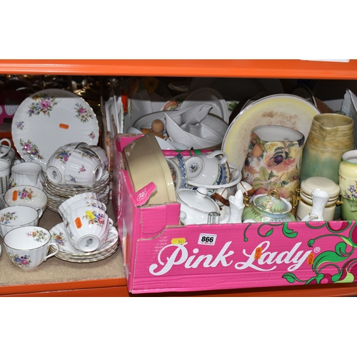 866 - FOUR BOXES AND LOOSE HOUSEHOLD CERAMICS AND GLASS WARE to include two boxed sets of Peter Rabbit chi... 