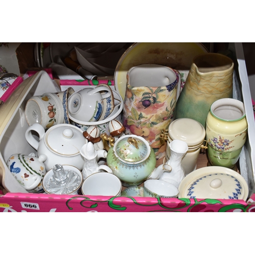 866 - FOUR BOXES AND LOOSE HOUSEHOLD CERAMICS AND GLASS WARE to include two boxed sets of Peter Rabbit chi... 
