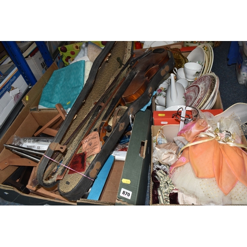 870 - FOUR BOXES OF HOUSEHOLD ITEMS to include a cased violin a/f, wool balls, ribbon, scarves, fabric, se... 