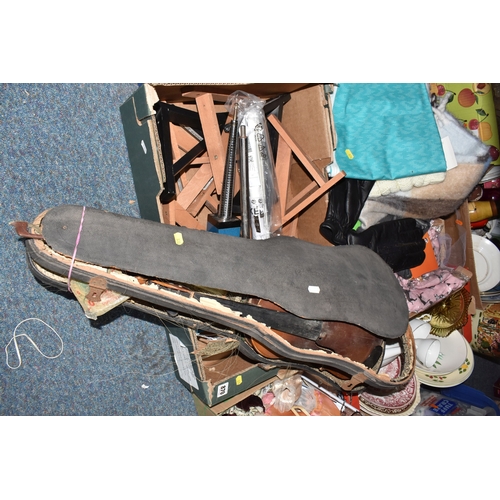 870 - FOUR BOXES OF HOUSEHOLD ITEMS to include a cased violin a/f, wool balls, ribbon, scarves, fabric, se... 