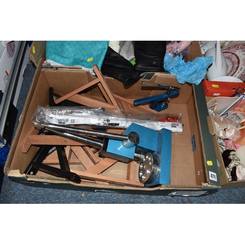 870 - FOUR BOXES OF HOUSEHOLD ITEMS to include a cased violin a/f, wool balls, ribbon, scarves, fabric, se... 