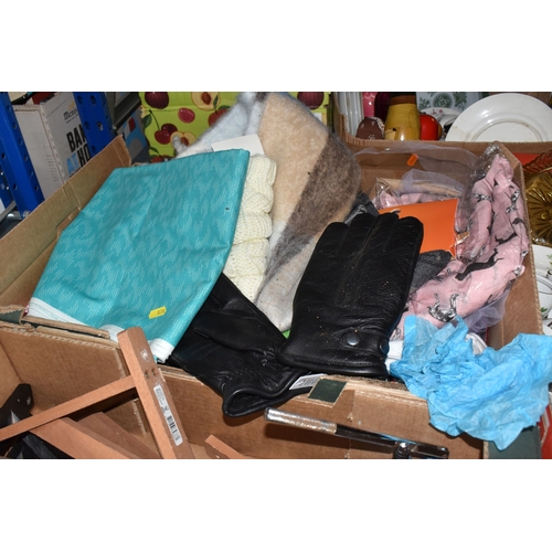 870 - FOUR BOXES OF HOUSEHOLD ITEMS to include a cased violin a/f, wool balls, ribbon, scarves, fabric, se... 