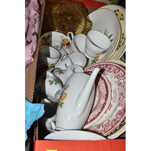 870 - FOUR BOXES OF HOUSEHOLD ITEMS to include a cased violin a/f, wool balls, ribbon, scarves, fabric, se... 