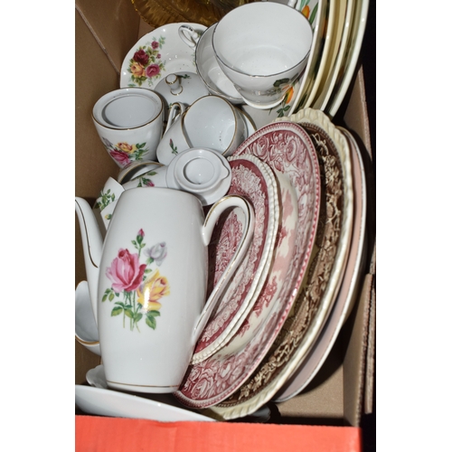 870 - FOUR BOXES OF HOUSEHOLD ITEMS to include a cased violin a/f, wool balls, ribbon, scarves, fabric, se... 