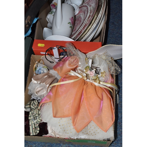 870 - FOUR BOXES OF HOUSEHOLD ITEMS to include a cased violin a/f, wool balls, ribbon, scarves, fabric, se... 