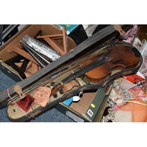 870 - FOUR BOXES OF HOUSEHOLD ITEMS to include a cased violin a/f, wool balls, ribbon, scarves, fabric, se... 