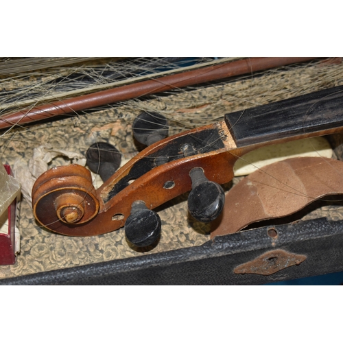 870 - FOUR BOXES OF HOUSEHOLD ITEMS to include a cased violin a/f, wool balls, ribbon, scarves, fabric, se... 