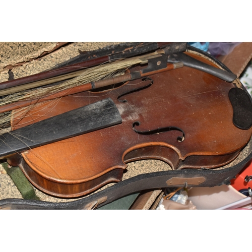 870 - FOUR BOXES OF HOUSEHOLD ITEMS to include a cased violin a/f, wool balls, ribbon, scarves, fabric, se... 